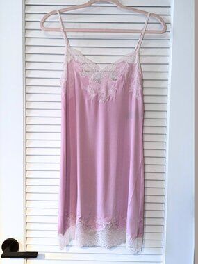 Natori Enchant Chemise Powder Pink White Lace Trim Satin Slip Dress Nightgown